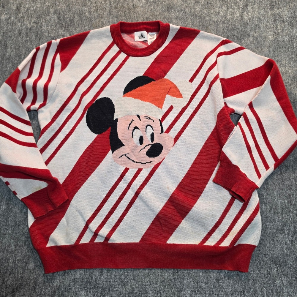 Disney Mickey Mouse Christmas Sweater Red White Candy Cane Stripe Mens XL unisex